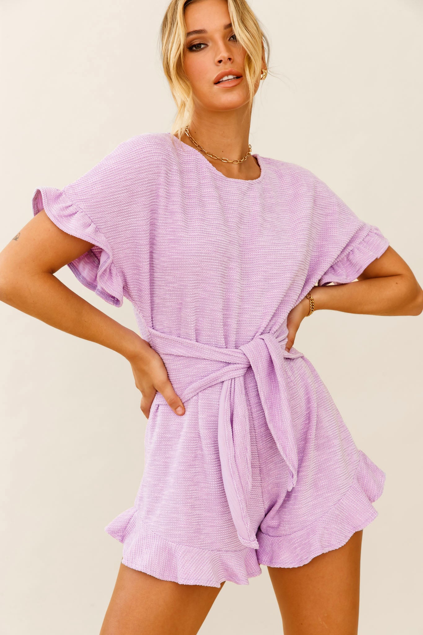 Feelin' Blessed Waist-Tie Frill Trim Romper Lilac by Selfie Leslie