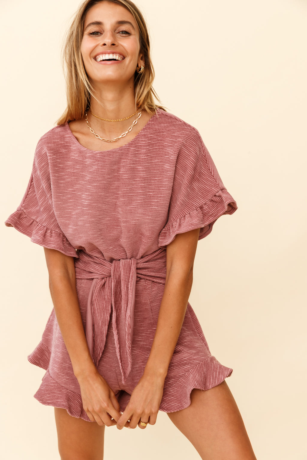 Feelin' Blessed Waist-Tie Frill Trim Romper Mauve by Selfie Leslie