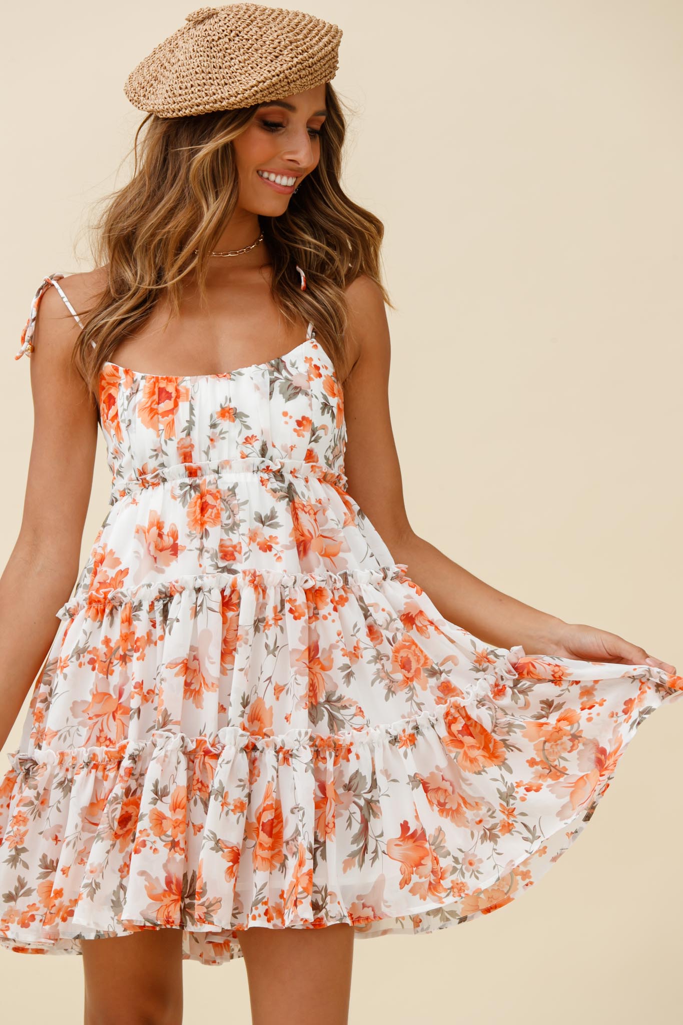 Rumi String Tie Babydoll Dress Floral Print Orange by Selfie Leslie