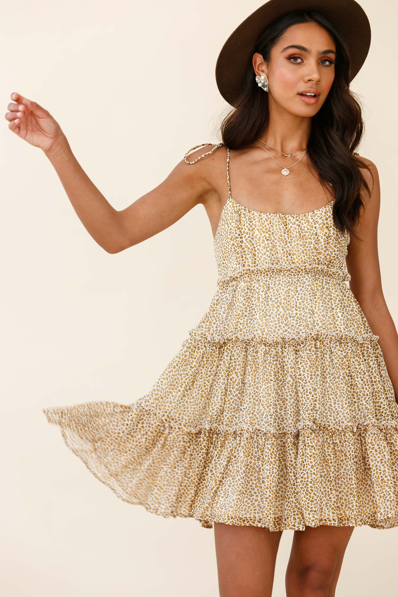 Rumi String Tie Babydoll Dress Leopard Print Mustard by Selfie Leslie