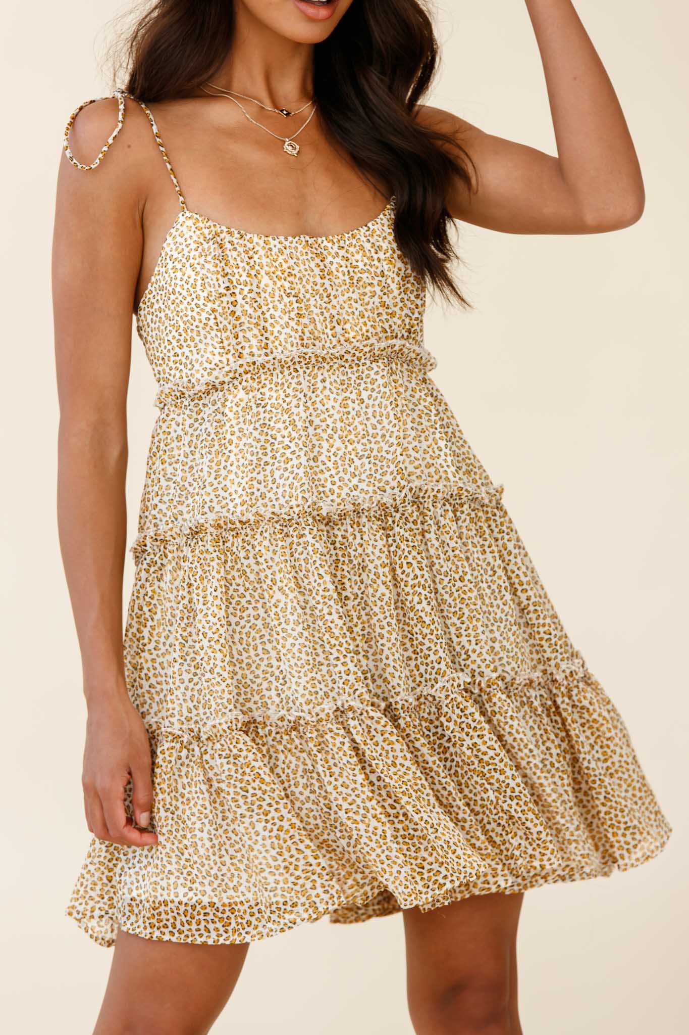 Rumi String Tie Babydoll Dress Leopard Print Mustard by Selfie Leslie