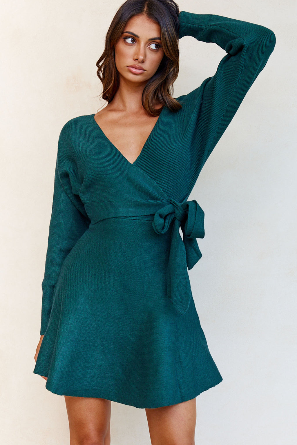 Shooting Star Long Sleeve Side Tie Knit Dress Forest Green by Selfie Leslie