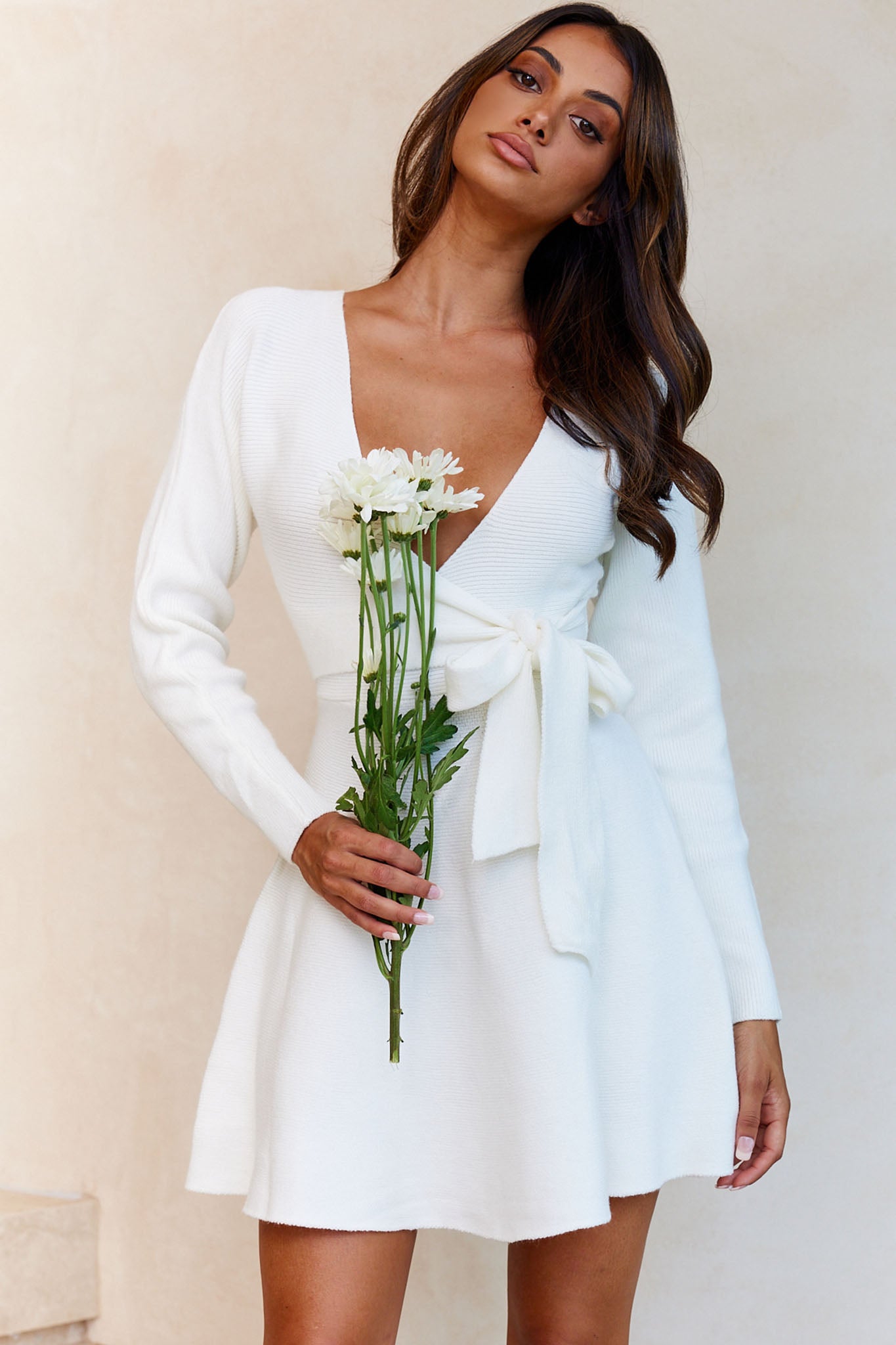 Shooting Star Long Sleeve Side Tie Knit Dress White by Selfie Leslie