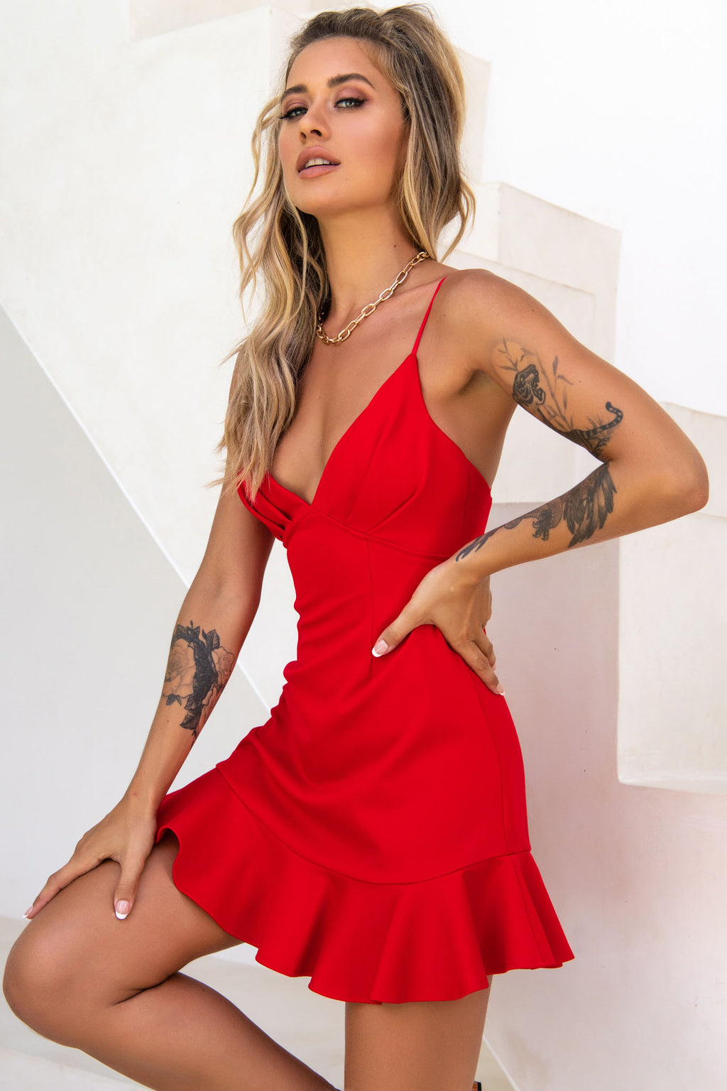 Chicago Pleated Bust Cami Strap Dress Red by Selfie Leslie
