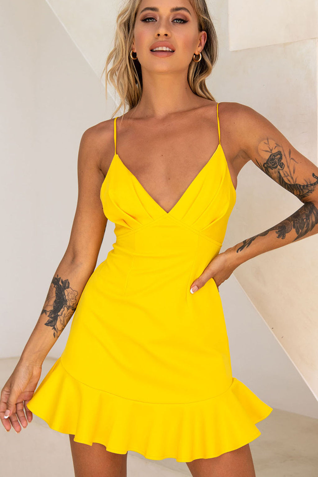 Chicago Pleated Bust Cami Strap Dress Yellow by Selfie Leslie