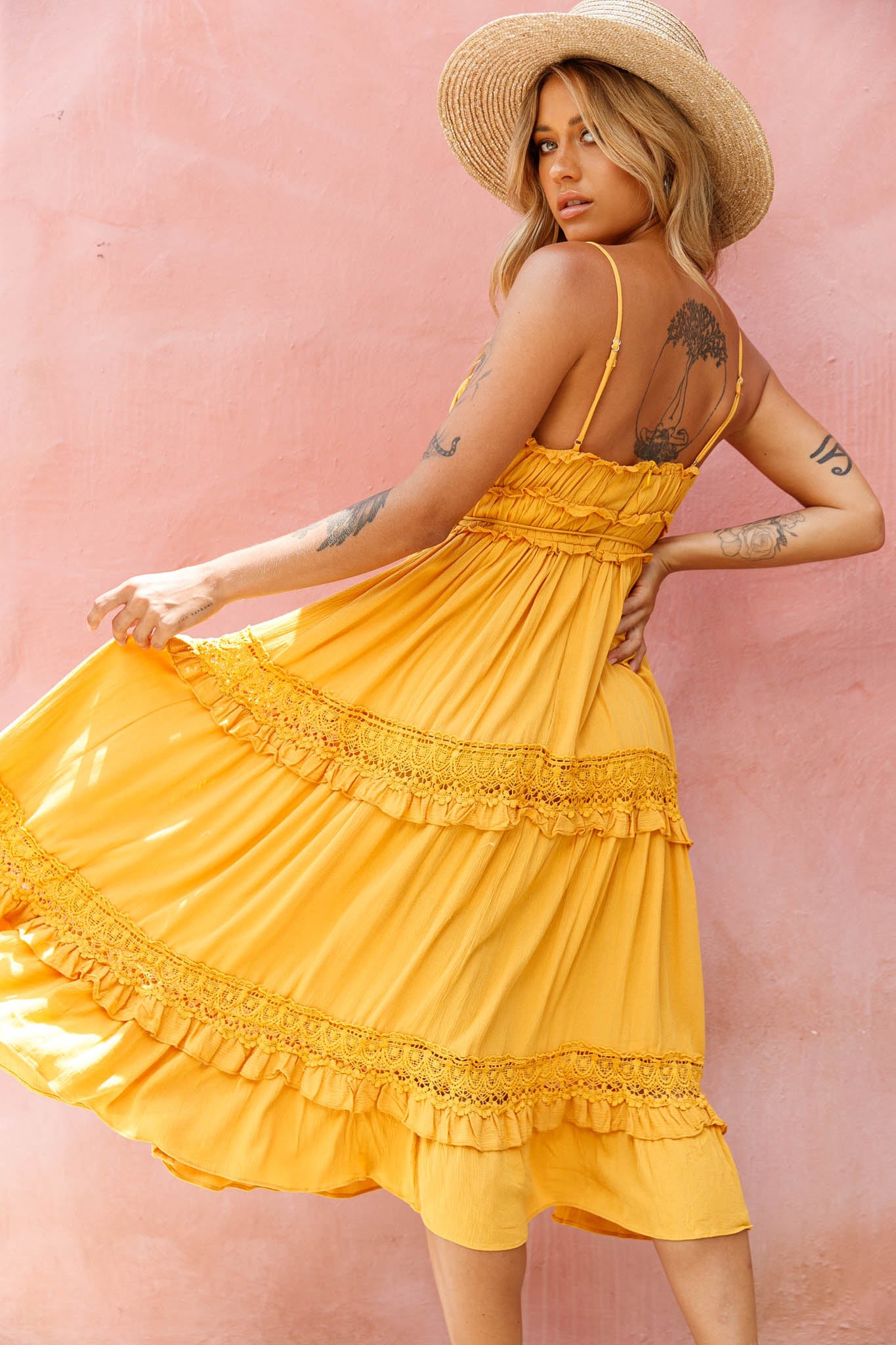 mustard crochet dress Glamorous Floral Crochet Lace Fishtail Ruffle Trim Dress in Mustard Shop Hearts