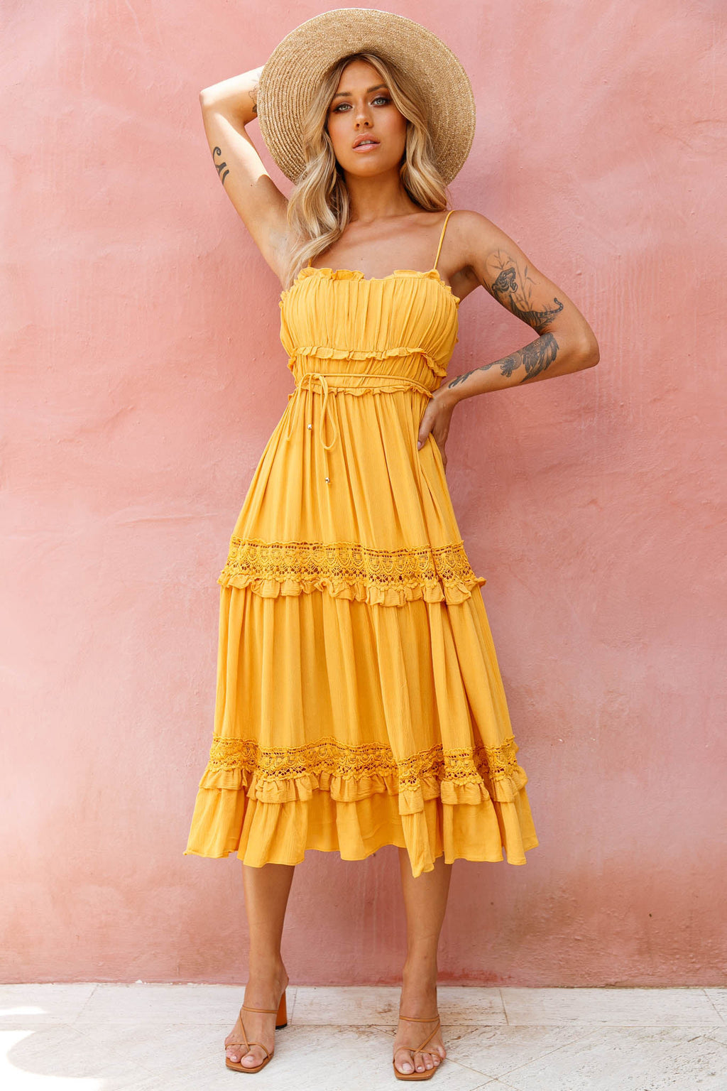 Meet You There Crochet & Frill Trim Detail Midi Dress Mustard by Selfie Leslie