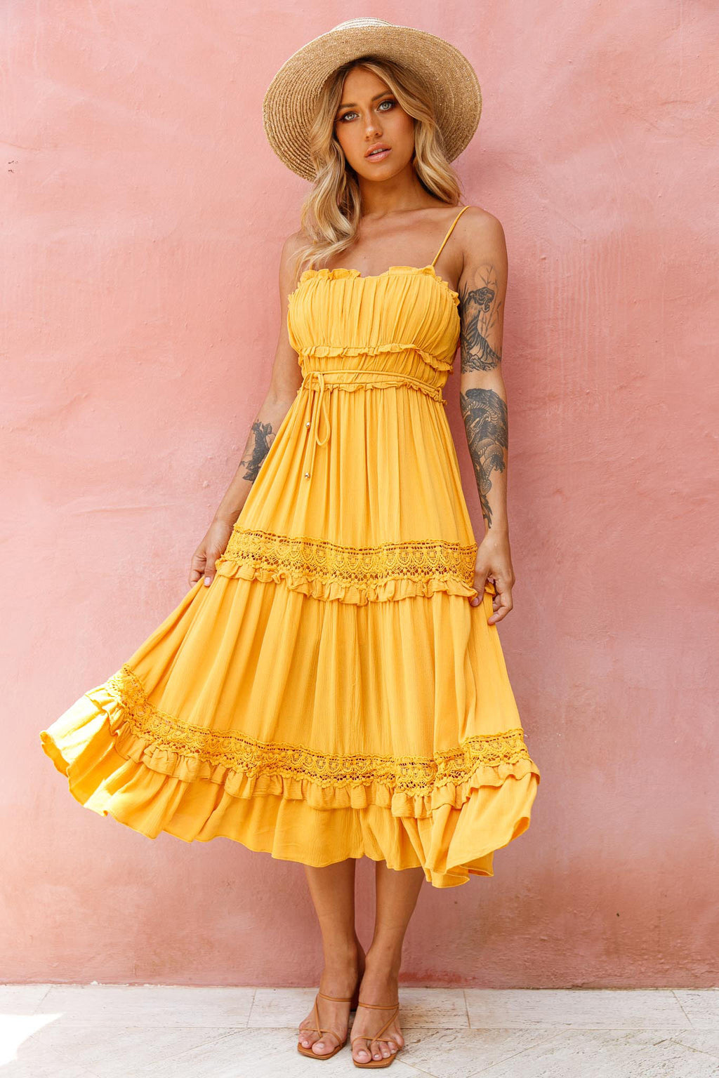 Meet You There Crochet & Frill Trim Detail Midi Dress Mustard by Selfie Leslie