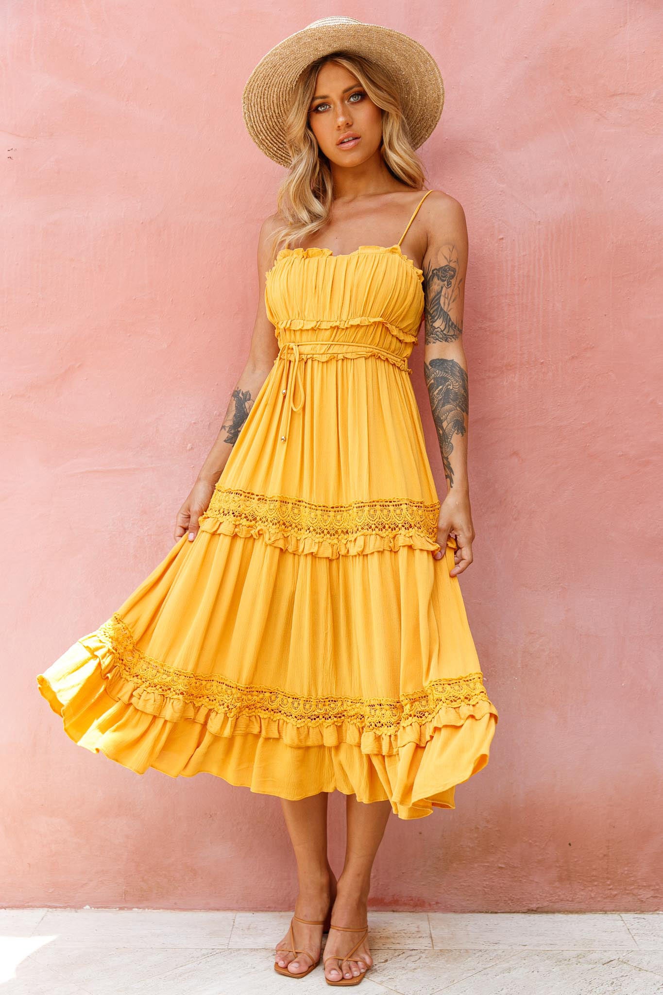 Meet You There Crochet & Frill Trim Detail Midi Dress Mustard by Selfie Leslie