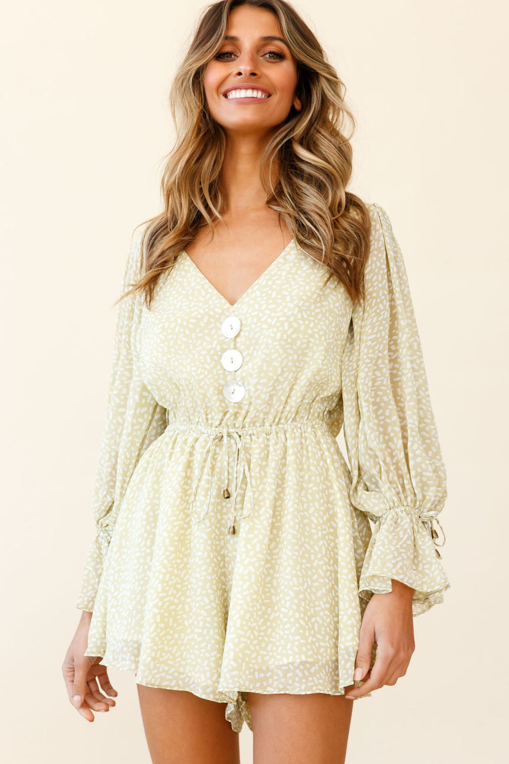 Believe It Or Not Long Sleeve Drawstring Romper Sprinkle Print Green by Selfie Leslie