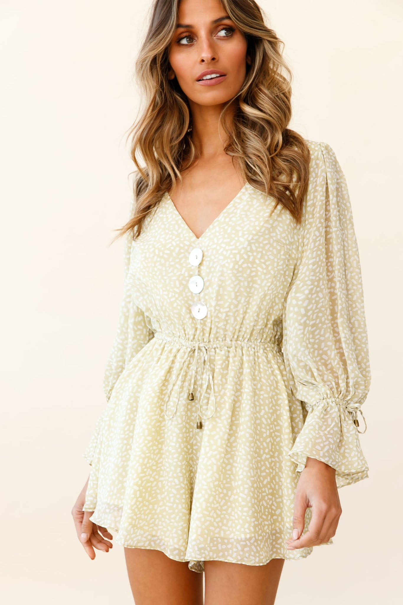 Believe It Or Not Long Sleeve Drawstring Romper Sprinkle Print Green by Selfie Leslie