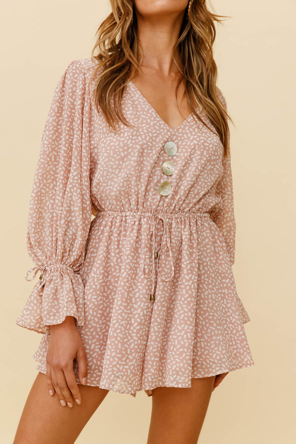 Believe It Or Not Long Sleeve Drawstring Romper Sprinkle Print Pink by Selfie Leslie