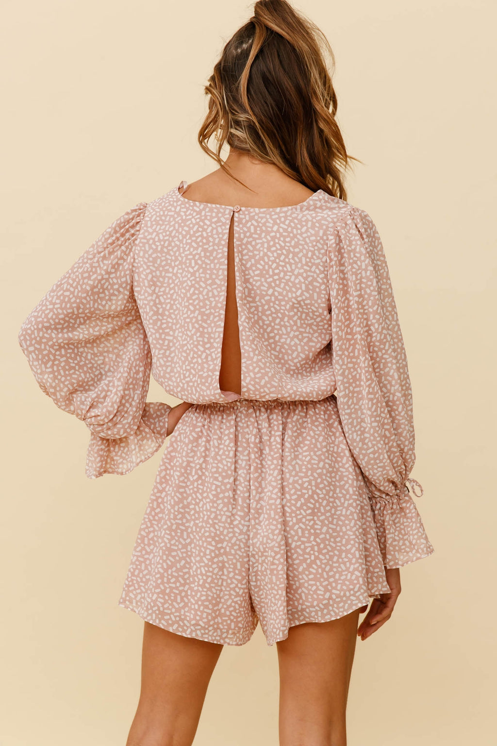 Believe It Or Not Long Sleeve Drawstring Romper Sprinkle Print Pink by Selfie Leslie