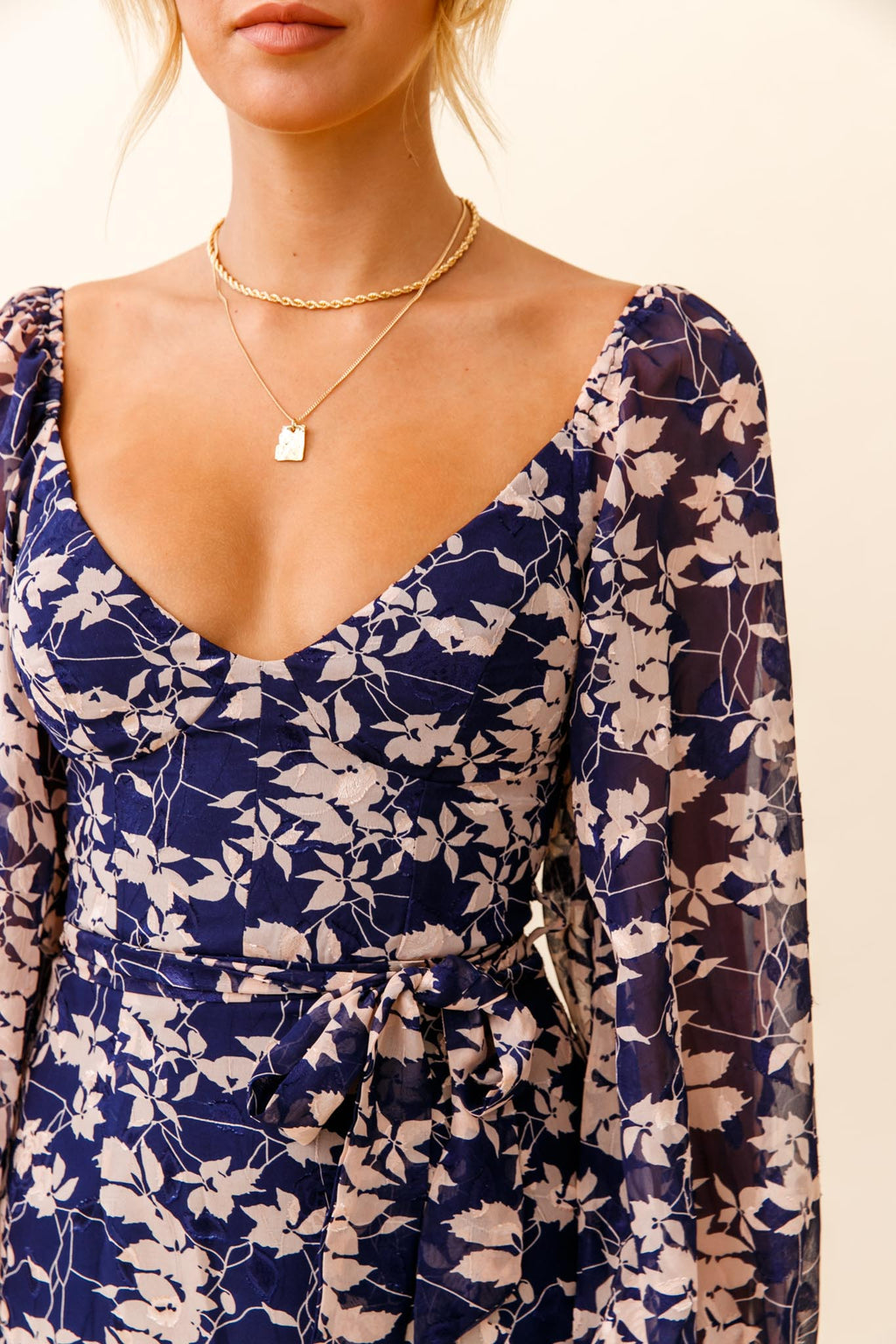 Make Memories Balloon Sleeve Molded Bust Dress Leaf Print Navy by Selfie Leslie