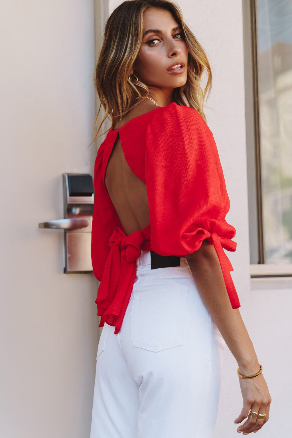 Make Memories Balloon Sleeve Molded Bust Crop Top Red by Selfie Leslie