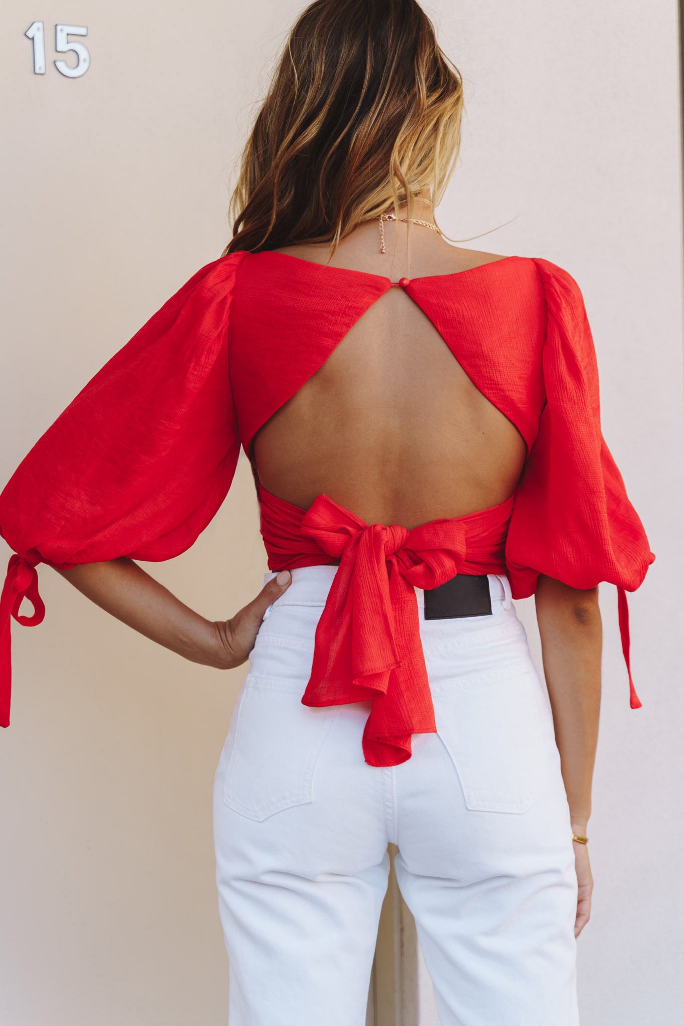 Make Memories Balloon Sleeve Molded Bust Crop Top Red by Selfie Leslie