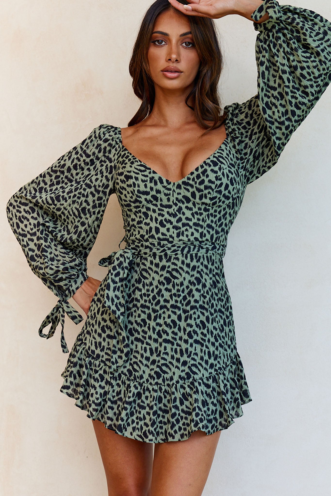 Make Memories Balloon Sleeve Molded Bust Dress Animal Print Olive by Selfie Leslie