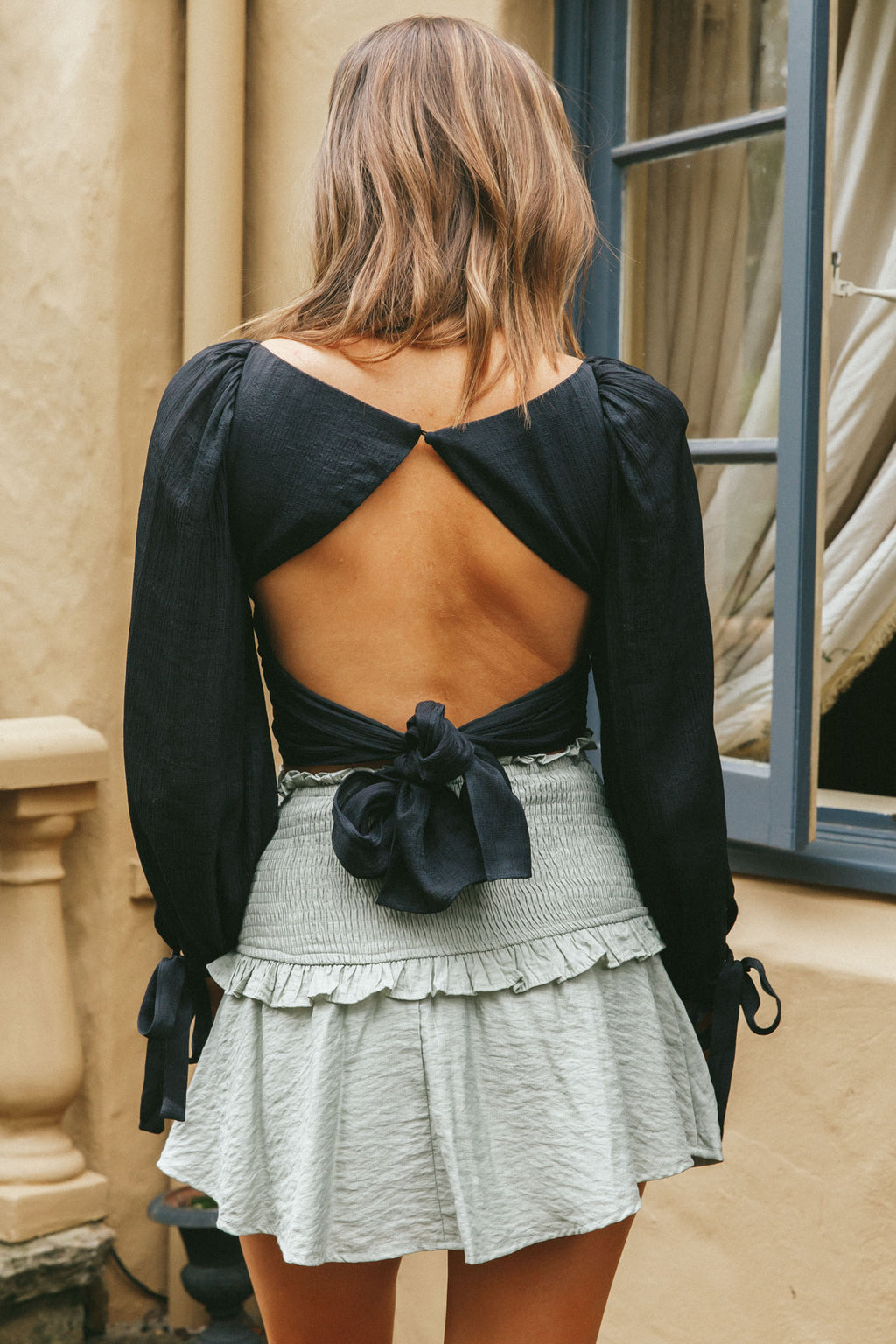 Make Memories Balloon Sleeve Molded Bust Crop Top Black by Selfie Leslie