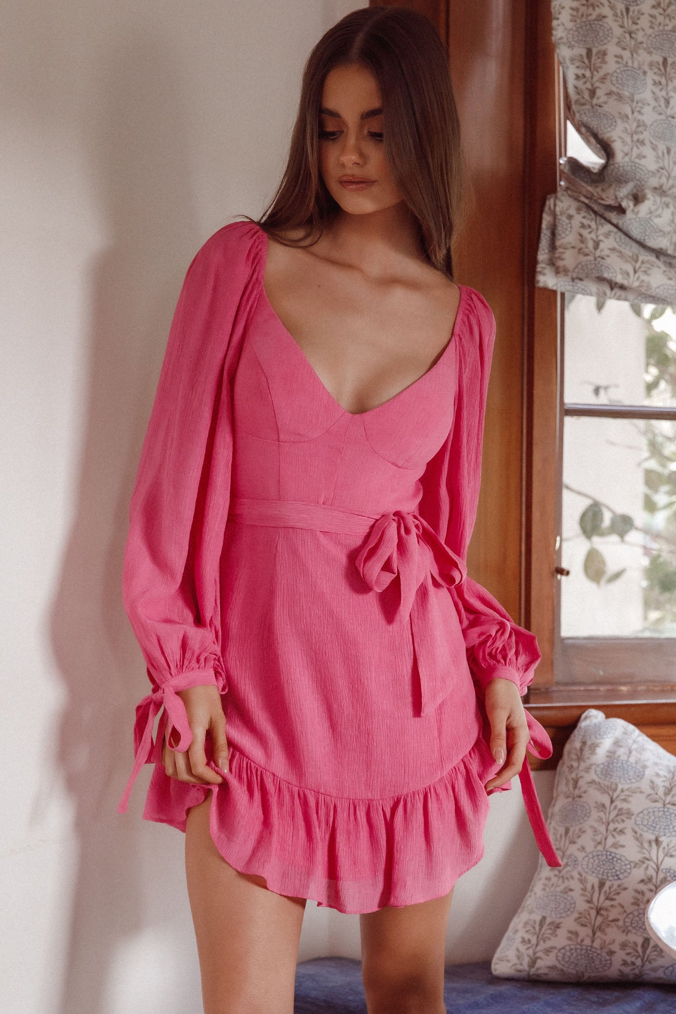 Make Memories Balloon Sleeve Molded Bust Dress Hot Pink by Selfie Leslie