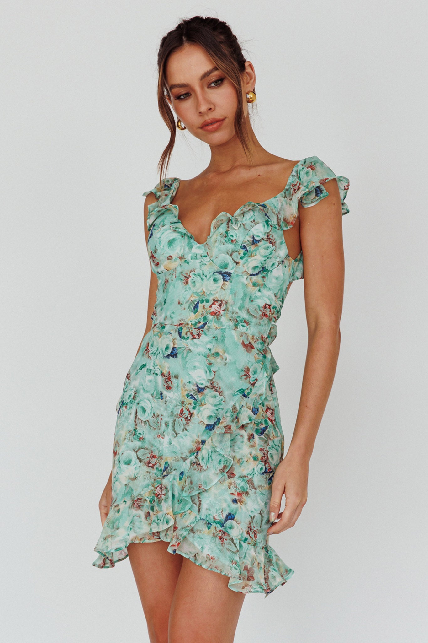 Make Memories Frill Strap Mini Dress Floral Mint by Selfie Leslie