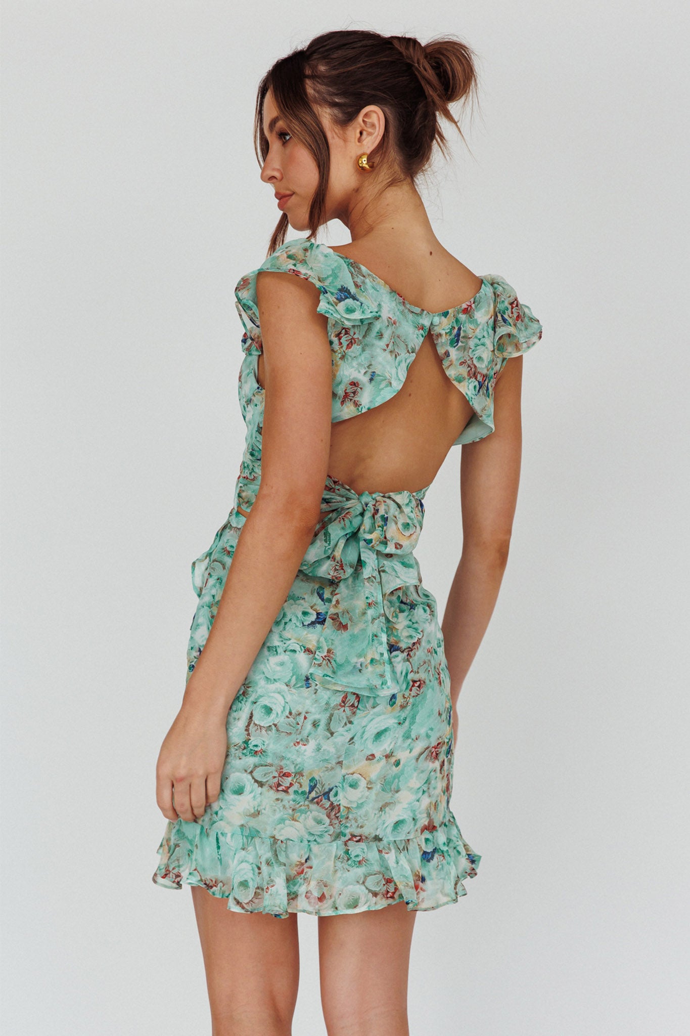 Make Memories Frill Strap Mini Dress Floral Mint by Selfie Leslie