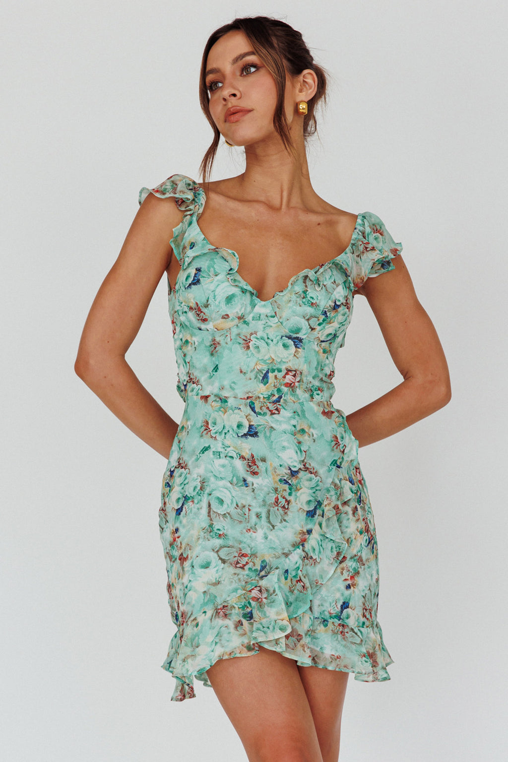 Make Memories Frill Strap Mini Dress Floral Mint by Selfie Leslie