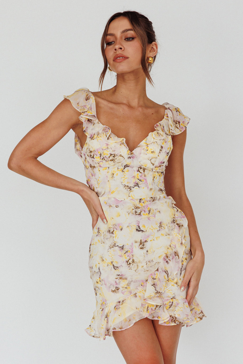 Make Memories Frill Strap Mini Dress Floral Yellow by Selfie Leslie