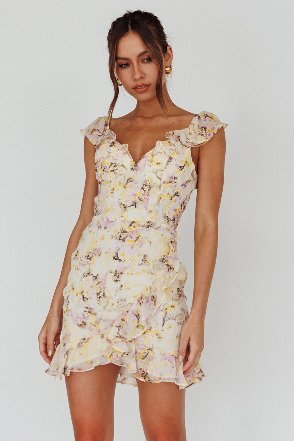 Make Memories Frill Strap Mini Dress Floral Yellow by Selfie Leslie