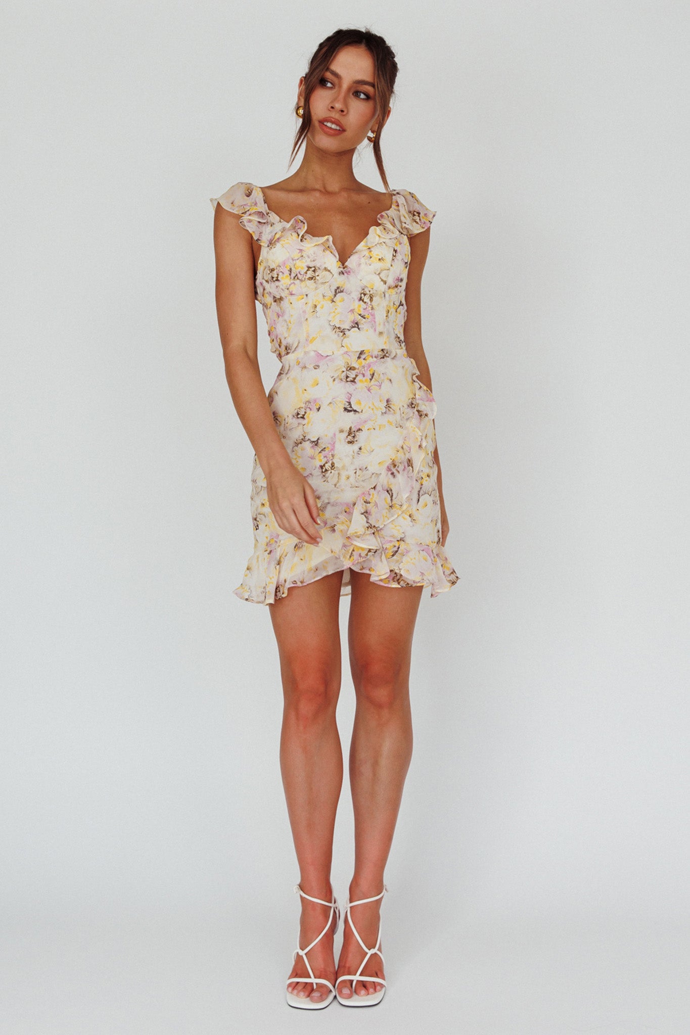 Make Memories Frill Strap Mini Dress Floral Yellow by Selfie Leslie