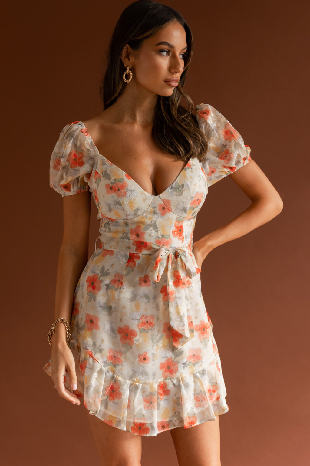 Make Memories Puff Sleeve Dress Floral Orange by Selfie Leslie