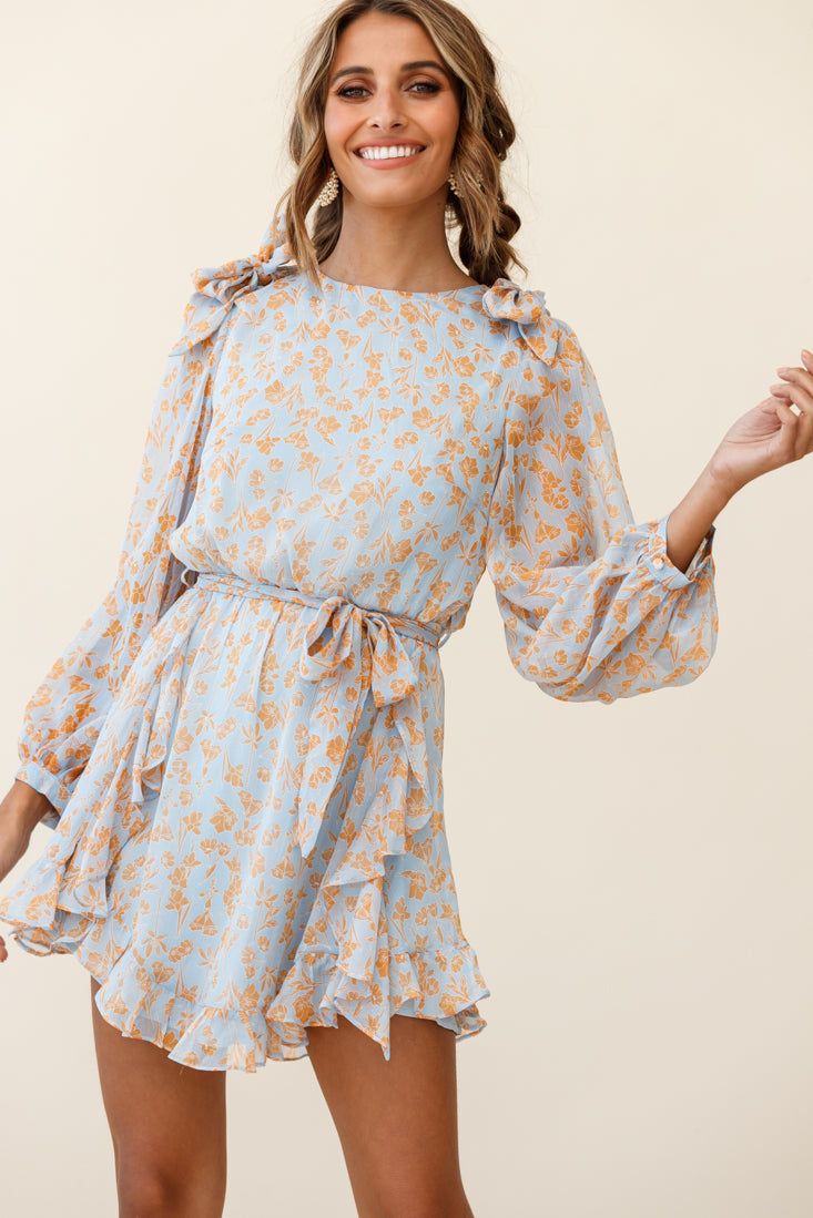 Leigh Long Sleeve Waist Tie Dress Floral Print Blue/Orange by Selfie Leslie