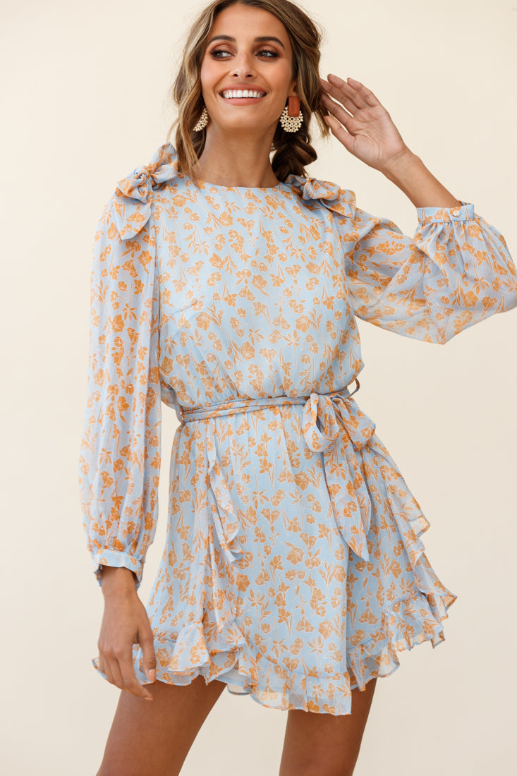 Leigh Long Sleeve Waist Tie Dress Floral Print Blue/Orange by Selfie Leslie