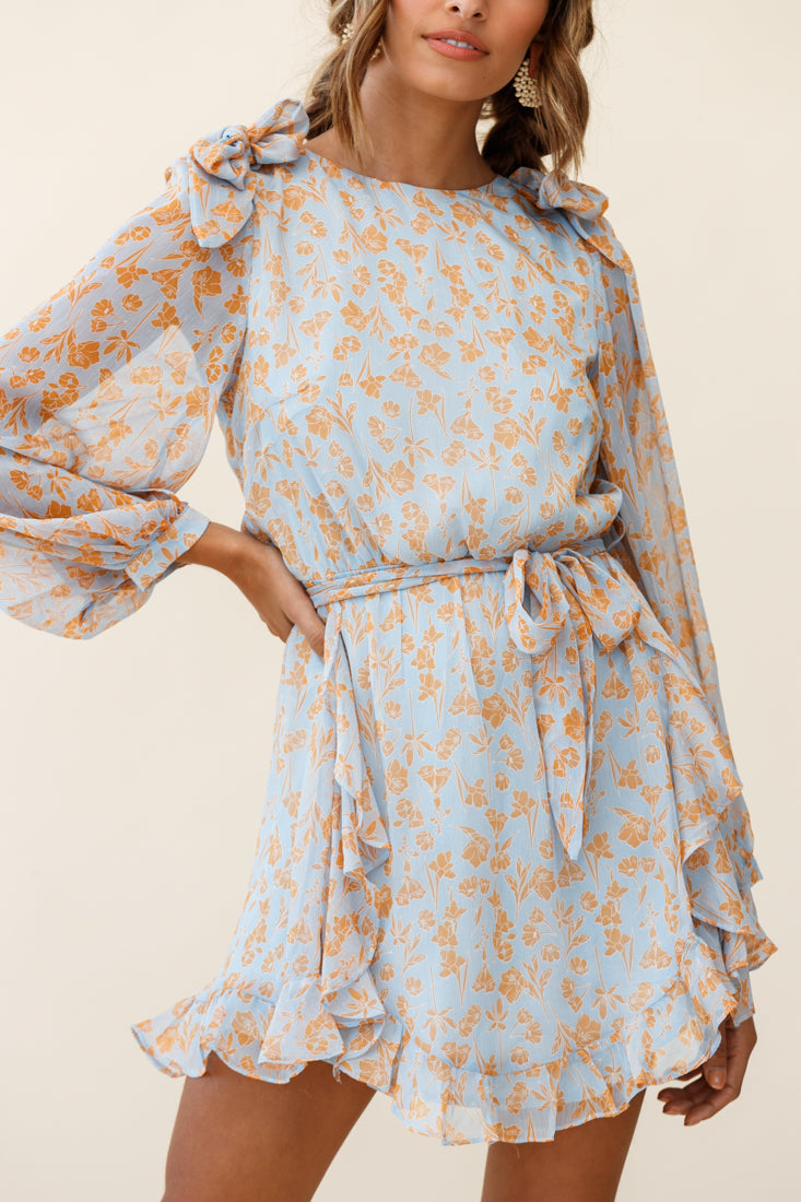 Leigh Long Sleeve Waist Tie Dress Floral Print Blue/Orange by Selfie Leslie