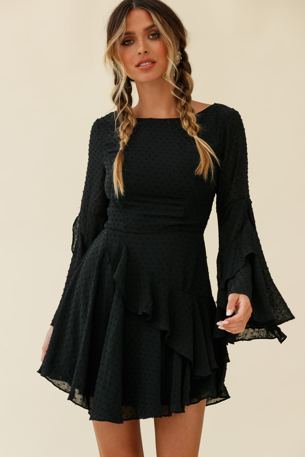 Carlini Flared Sleeve Boat Neckline Dress Black by Selfie Leslie
