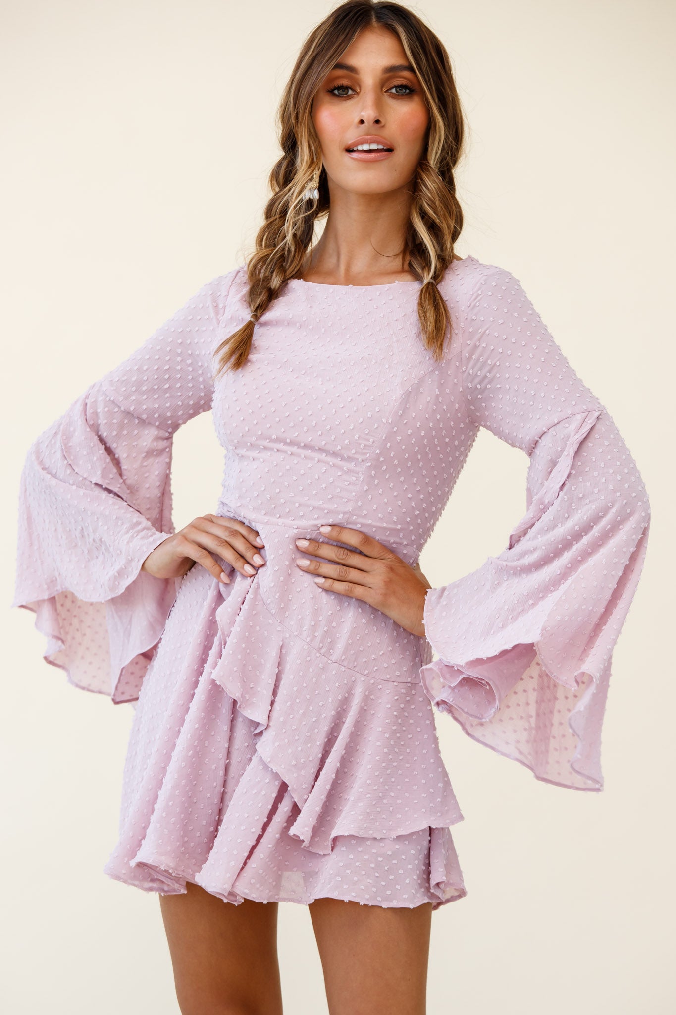 Carlini Flared Sleeve Boat Neckline Dress Blush by Selfie Leslie