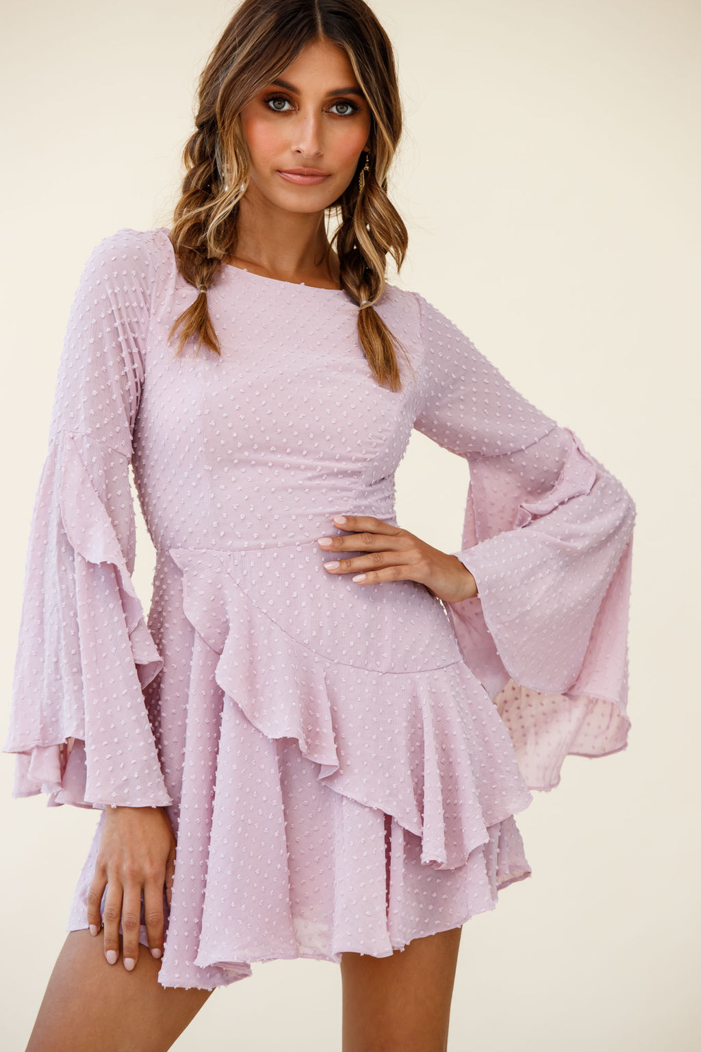 Carlini Flared Sleeve Boat Neckline Dress Blush by Selfie Leslie