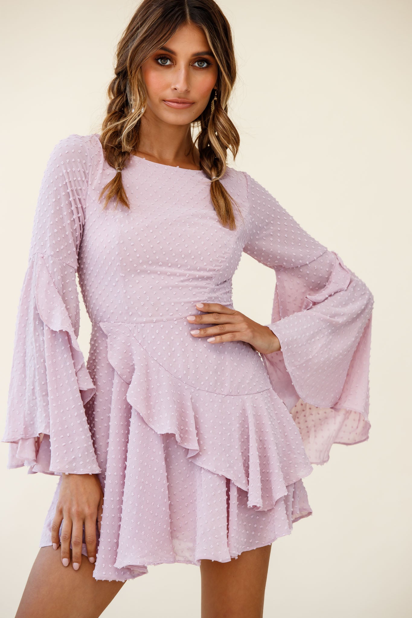 Carlini Flared Sleeve Boat Neckline Dress Blush by Selfie Leslie