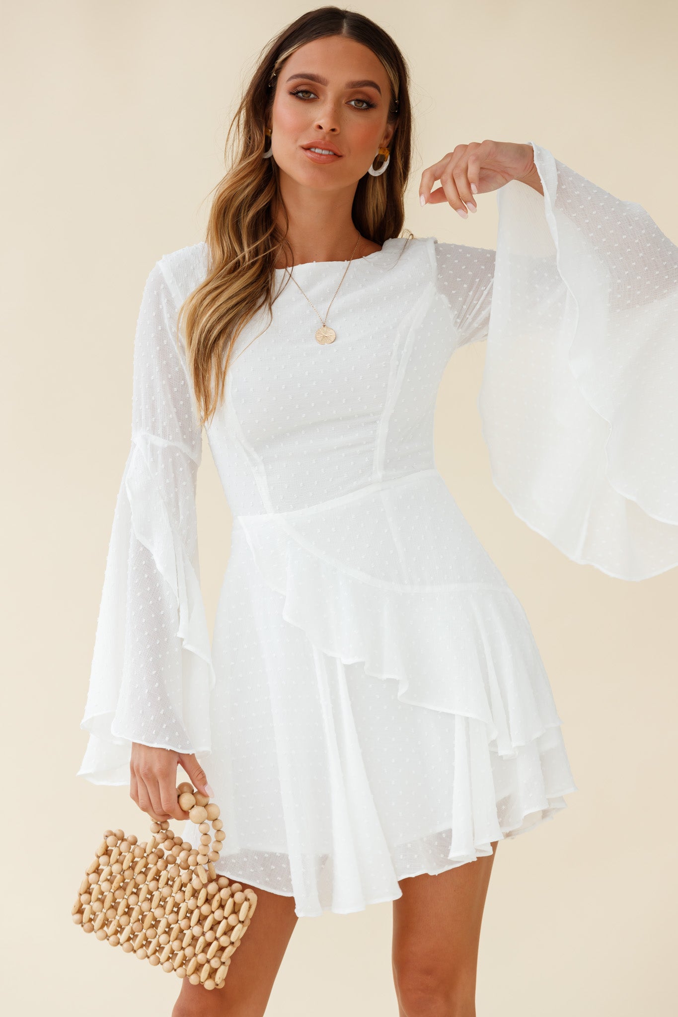 Carlini Flared Sleeve Boat Neckline Dress Blush
