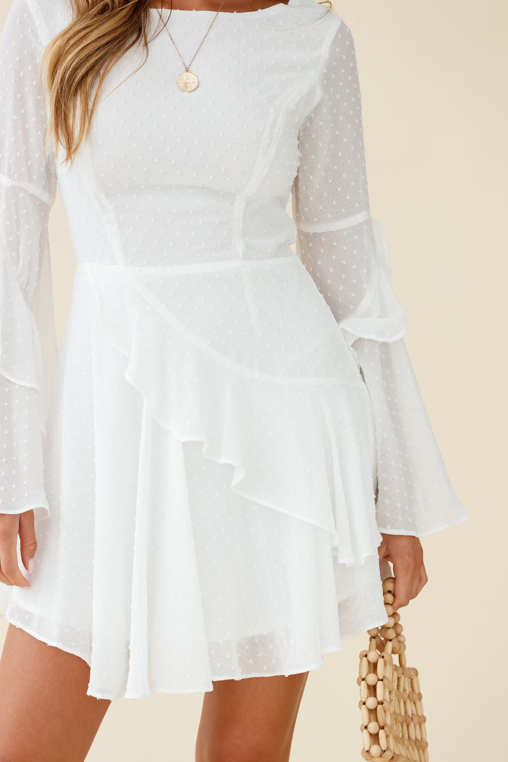 Carlini Flared Sleeve Boat Neckline Dress White by Selfie Leslie