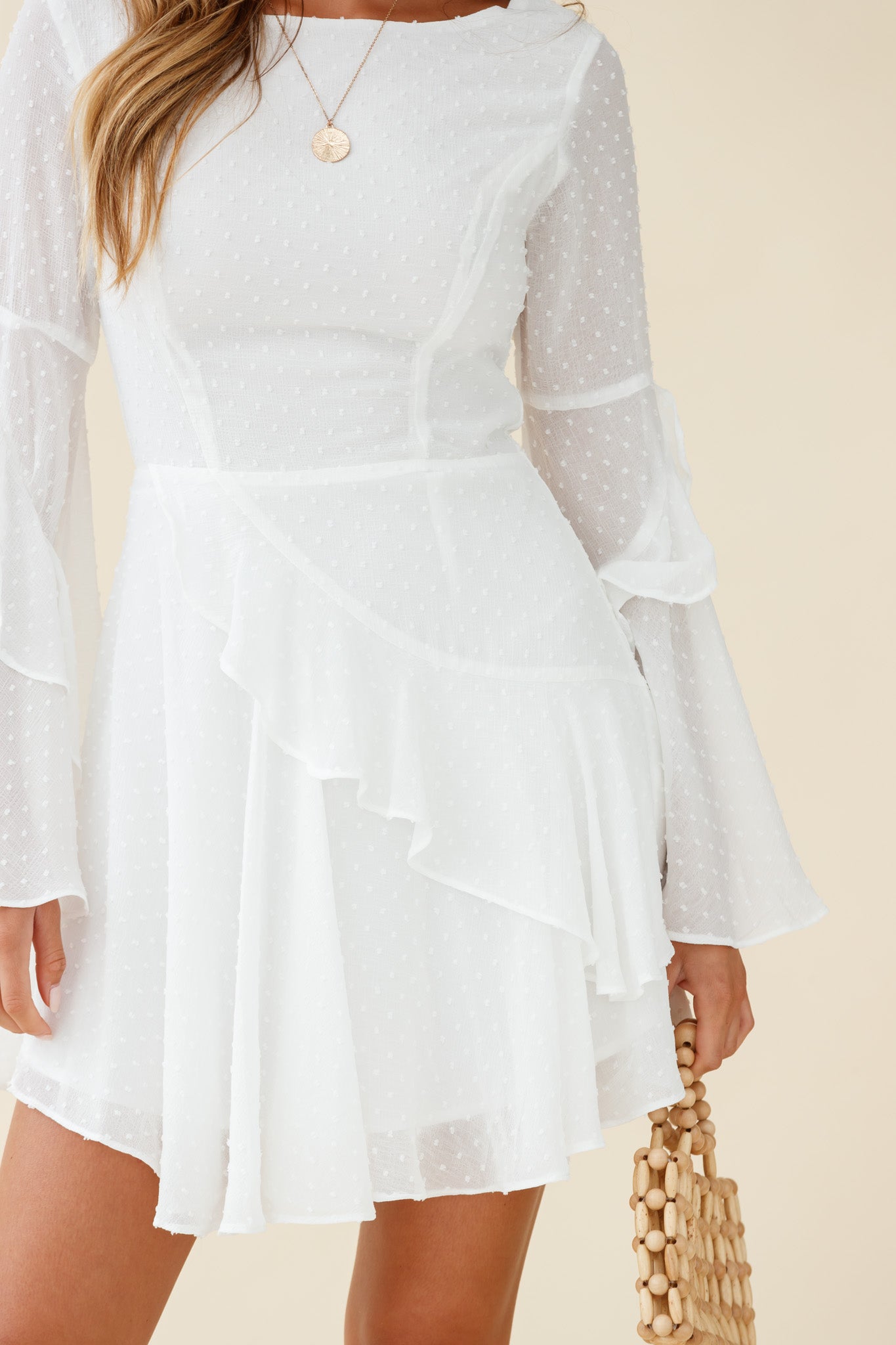 Carlini Flared Sleeve Boat Neckline Dress White by Selfie Leslie