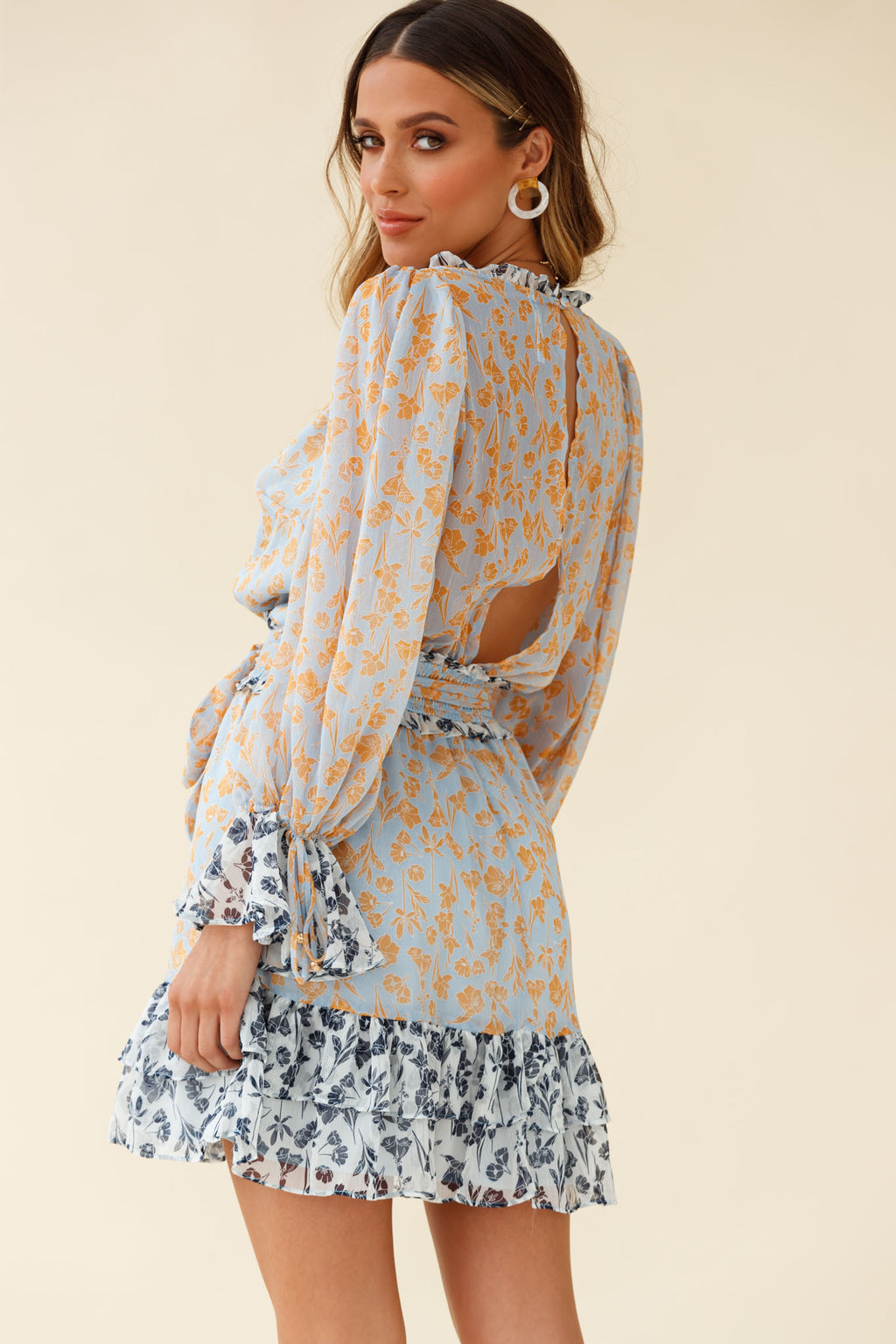 Prague Long Sleeve Ruffle Hem Dress Floral Print Blue/Orange Multi by Selfie Leslie