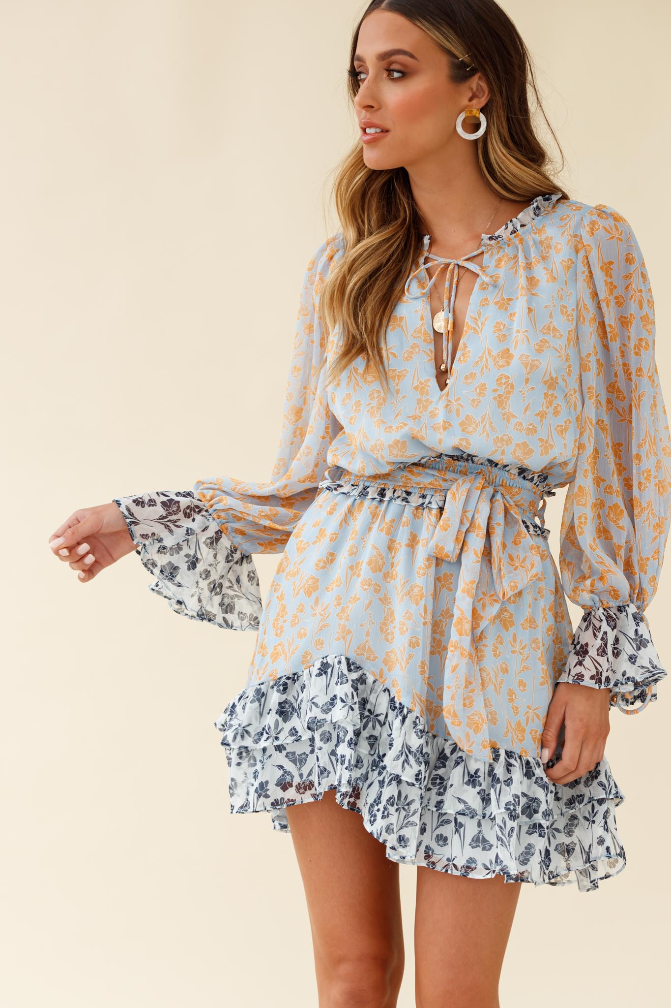Prague Long Sleeve Ruffle Hem Dress Floral Print Blue/Orange Multi by Selfie Leslie