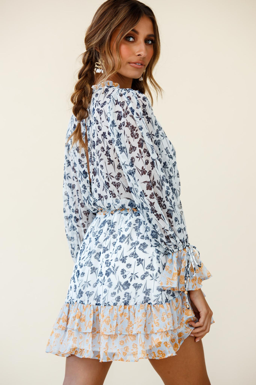 Prague Long Sleeve Ruffle Hem Dress Floral Print Navy/White Multi by Selfie Leslie
