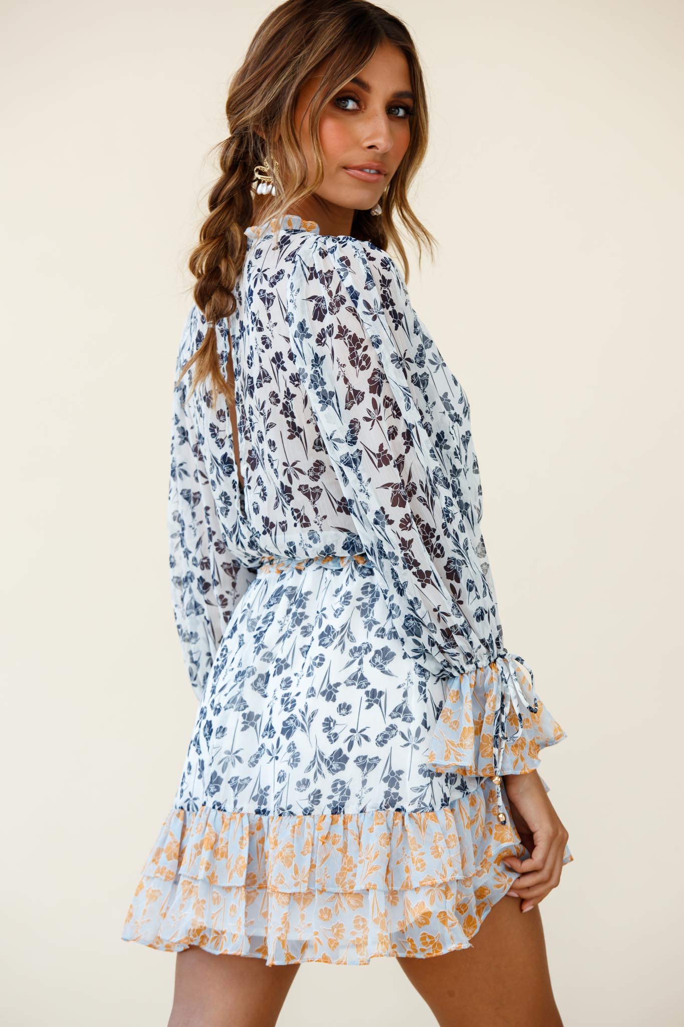 Prague Long Sleeve Ruffle Hem Dress Floral Print Navy/White Multi by Selfie Leslie