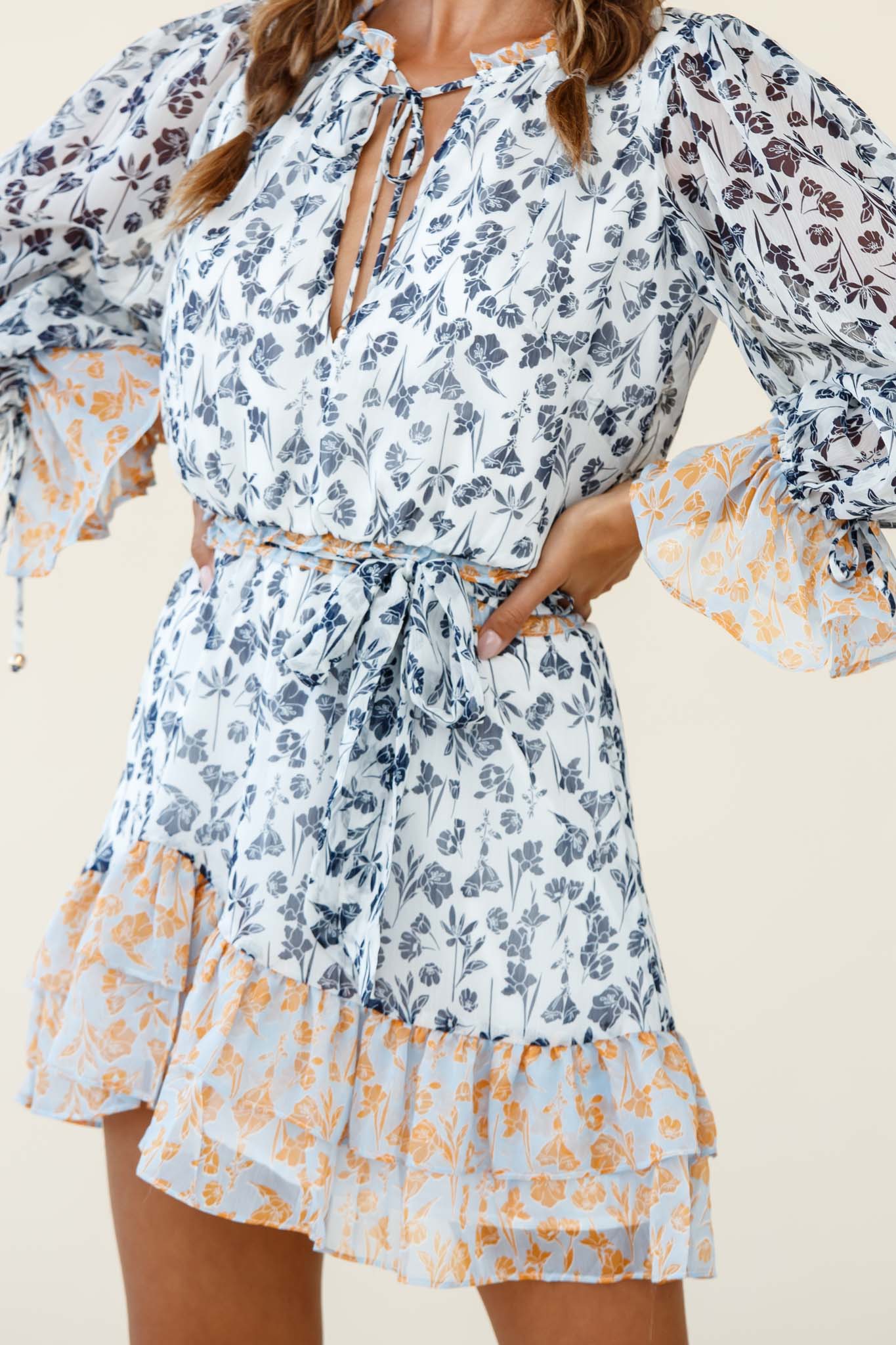 Prague Long Sleeve Ruffle Hem Dress Floral Print Navy/White Multi by Selfie Leslie