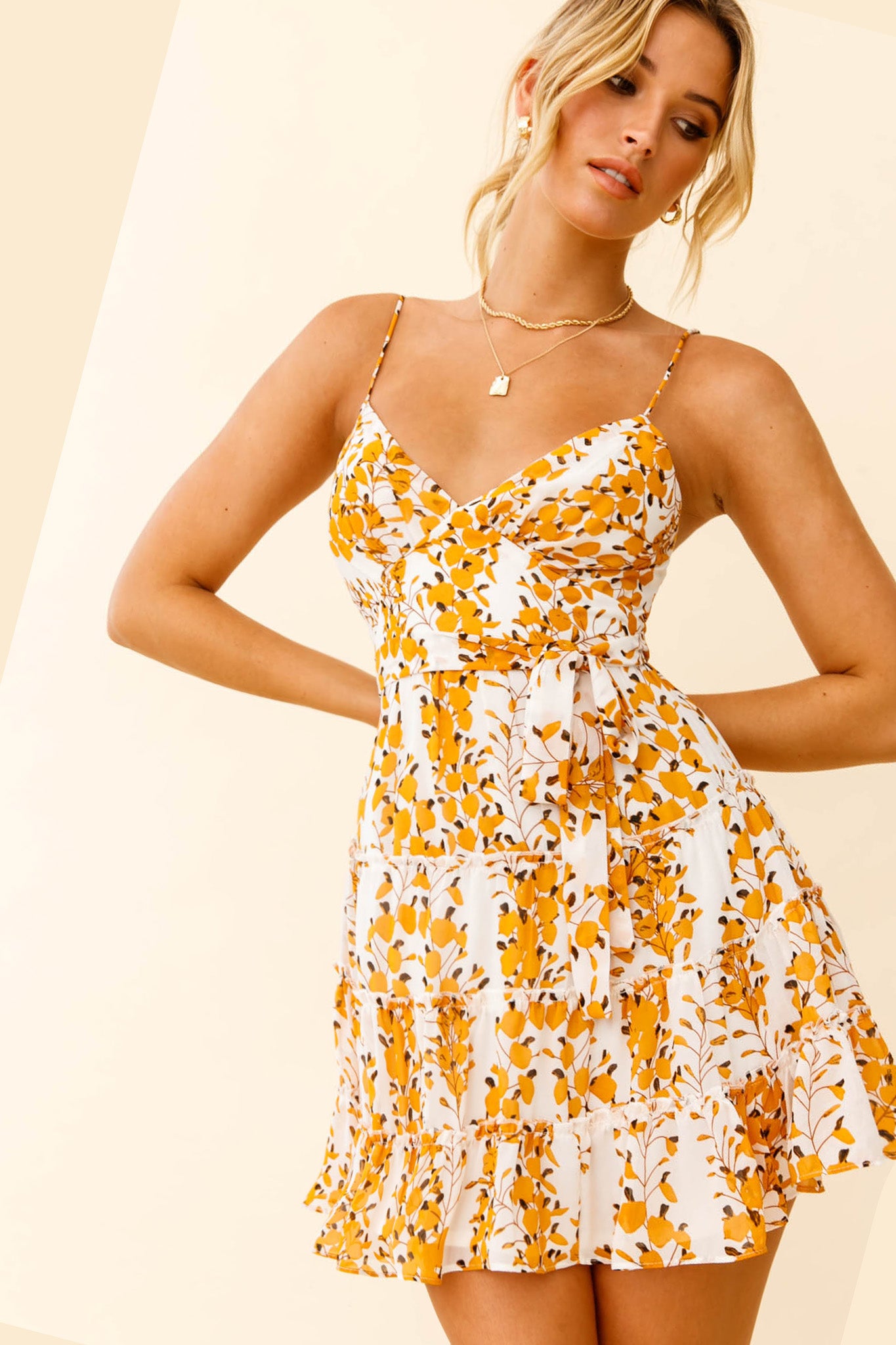 Jocelyn Cami Strap Waist Tie Ruffle Dress Floral Print Yellow by Selfie Leslie