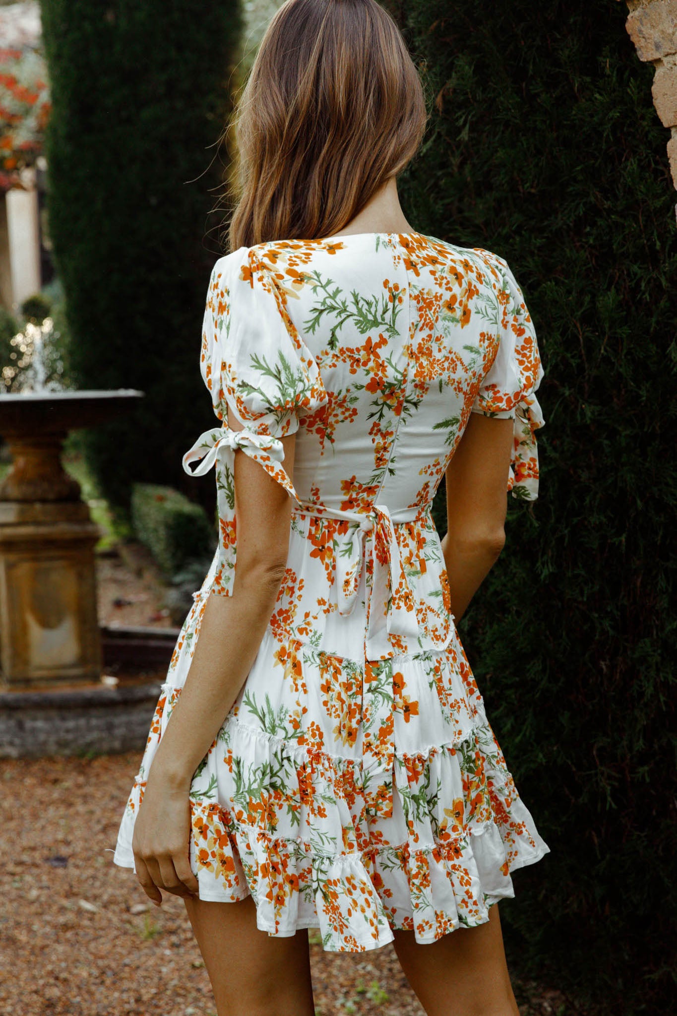 jocelyn short sleeve linen dress Jocelyn Short Sleeve Tied Cuff Layered Ruffle Dress Floral Print Orang