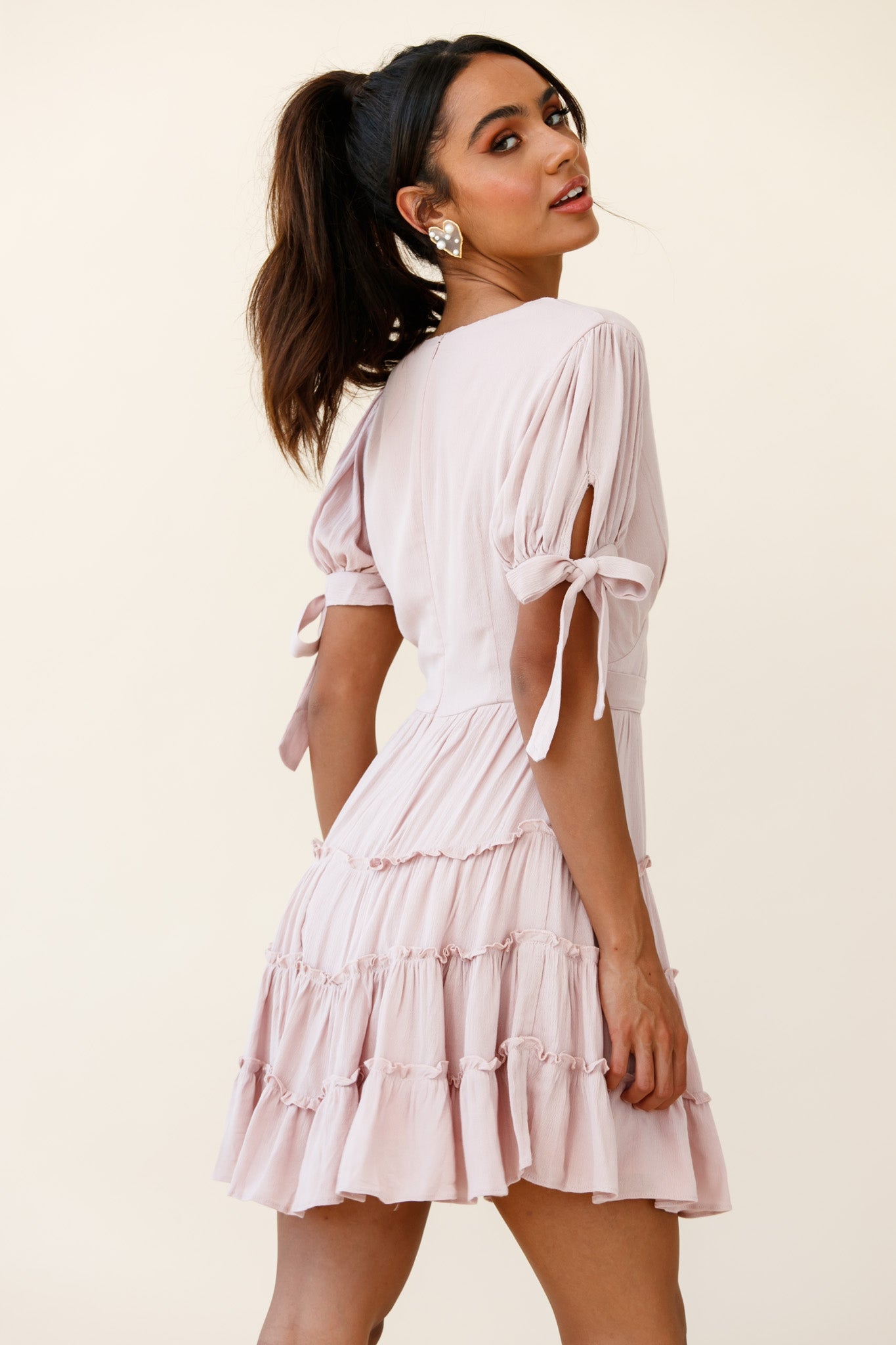 Jocelyn Short Sleeve Tied Cuff Layered Ruffle Dress Nude by Selfie Leslie