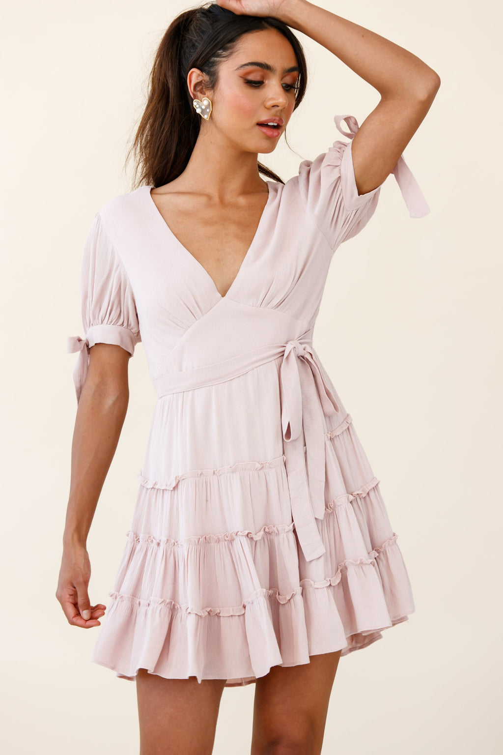 Jocelyn Short Sleeve Tied Cuff Layered Ruffle Dress Nude by Selfie Leslie