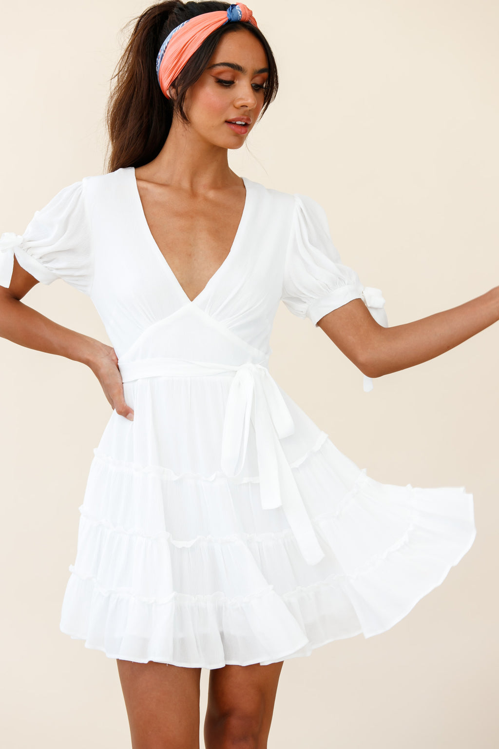 Jocelyn Short Sleeve Tied Cuff Layered Ruffle Dress White by Selfie Leslie